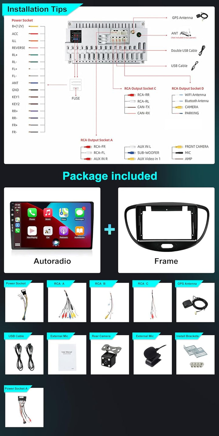 SXAUTO ¦ 8G+256G ¦ Android 12 IPS Autoradio für Hyundai I10 (2007-2013) - Eingebaut Carplay/Android