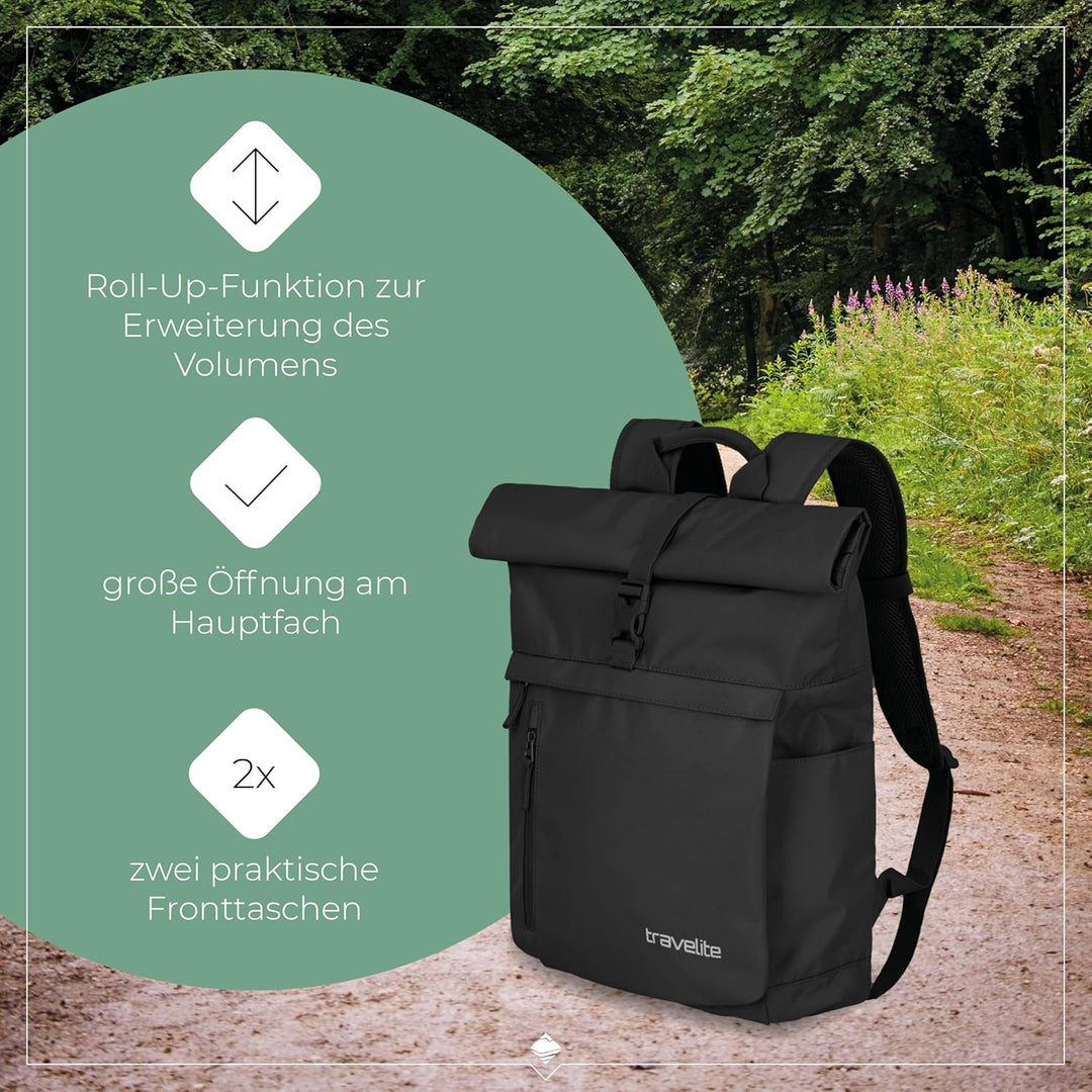 Travelite Handgepäck Rucksack, Laptop Rucksack 15,6 Zoll, BASICS, Reiserucksack Rolltop Funktion, 60