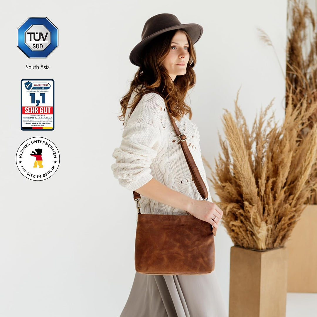 Berliner Bags Vintage Umhängetasche Marbella M, Grosse Schultertasche Crossbody Bag aus Leder, Handt