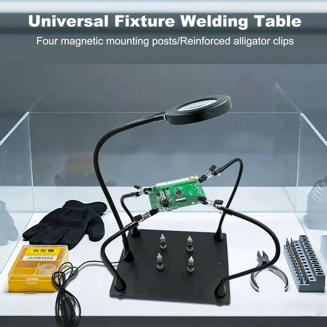 Dritte Hand Löten, Löthilfe Dritte Hand, 5-Facher Lupe und Verstellbarem Licht mit 4 Pcb-Säulen und