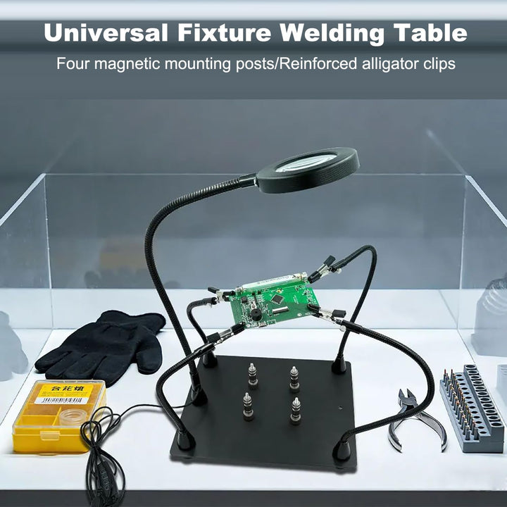 Dritte Hand Löten, Löthilfe Dritte Hand, 5-Facher Lupe und Verstellbarem Licht mit 4 Pcb-Säulen und