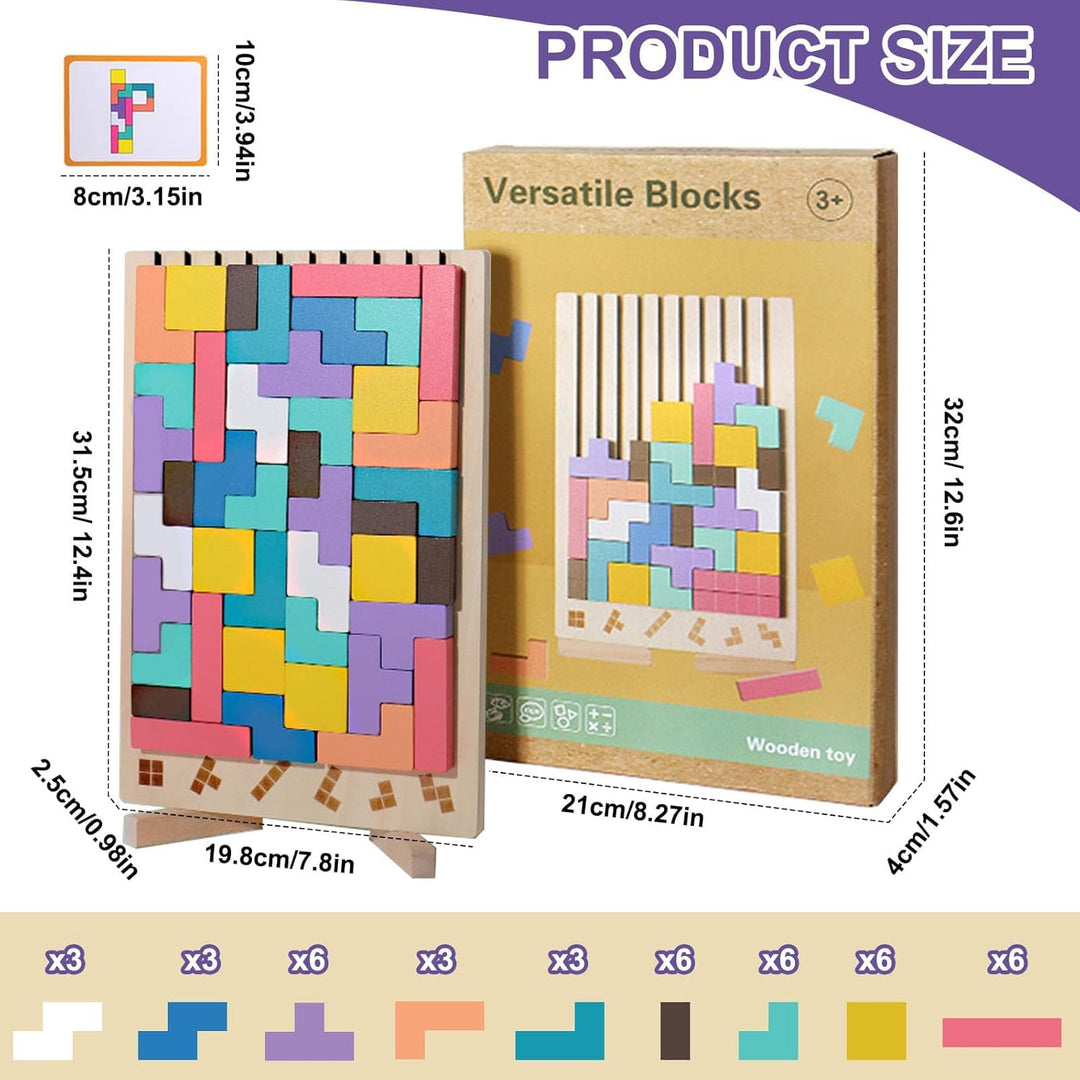 Tetris Holzpuzzle Kinder, Holz Tetris Stapelpuzzle Spielzeug mit 10 Karten, 3D Bunt Tetris Blöcke St
