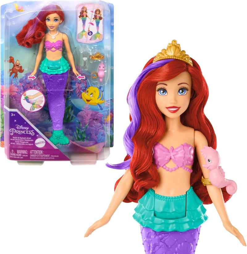 DISNEY Arielle - Meerjungfrauenpuppe mit Farbwechseleffekt, inklusive Seepferdchen-Freund, Diadem, H