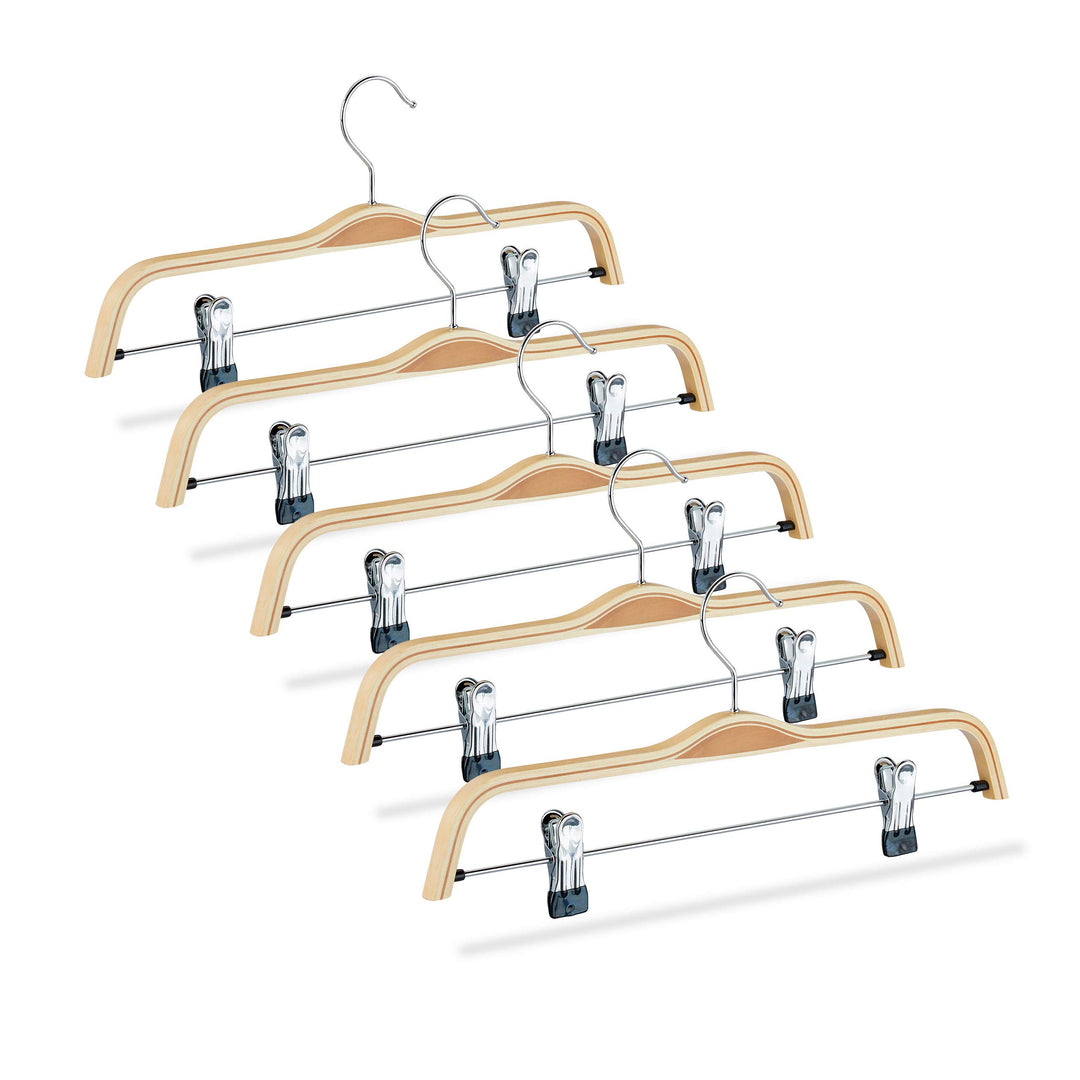 Relaxdays Hosenbügel Holz 5er Set, verstellbare & gummierte Clips, 360° drehbarer Haken, Kleiderbüge