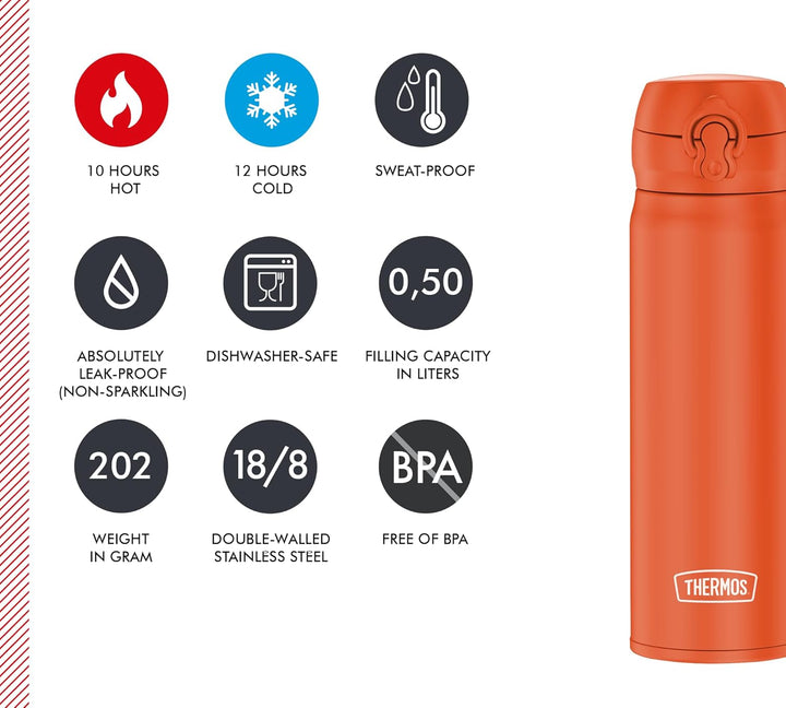 THERMOS ULTRALIGHT BOTTLE 0,50l, glowing orange mat, Thermosflasche aus Edelstahl, 10 heiss / 20 h k