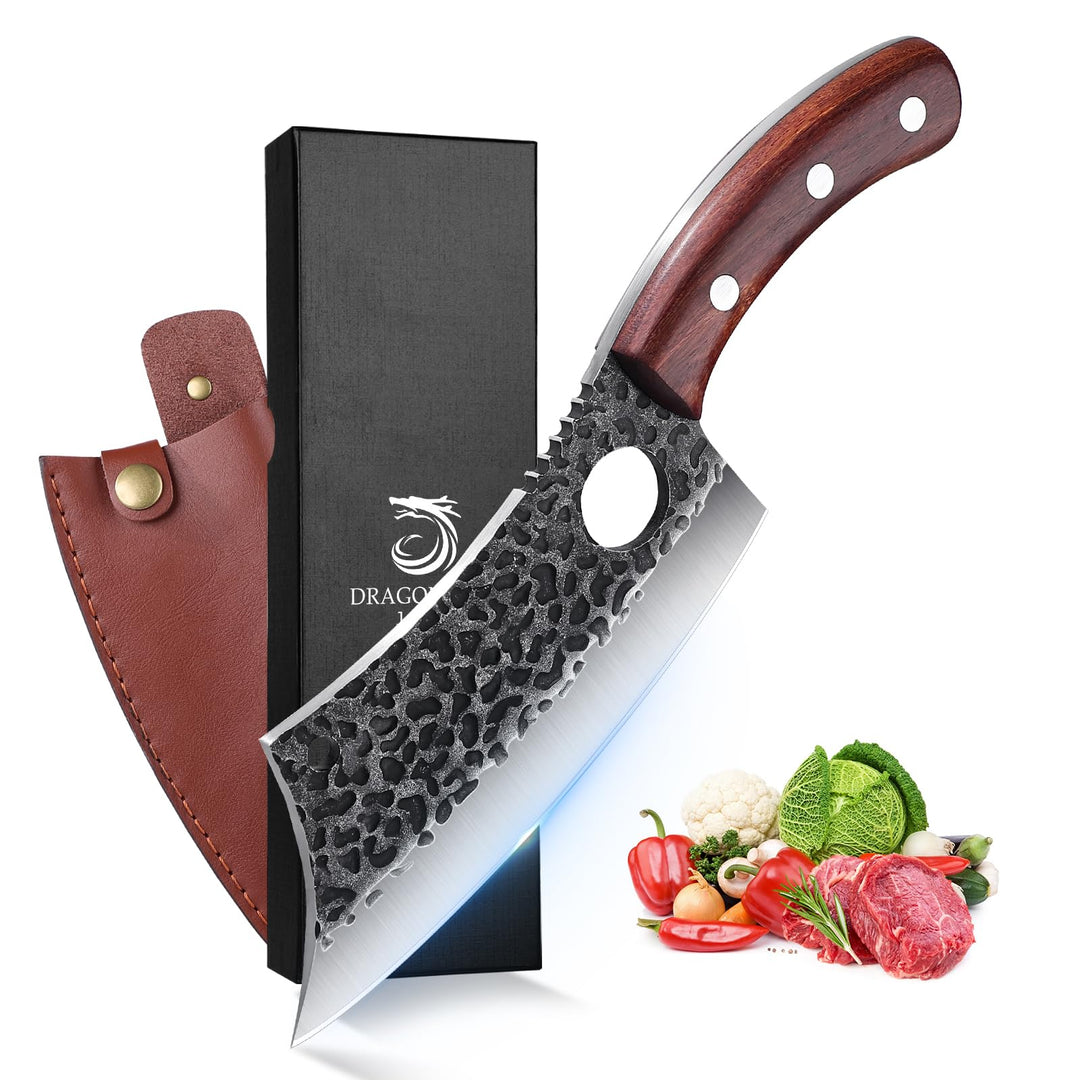 DRAGON RIOT Hackmesser Japanisch, Wikinger Messer mit Holzgriff, Fleischermesser Profi Hackbeil für