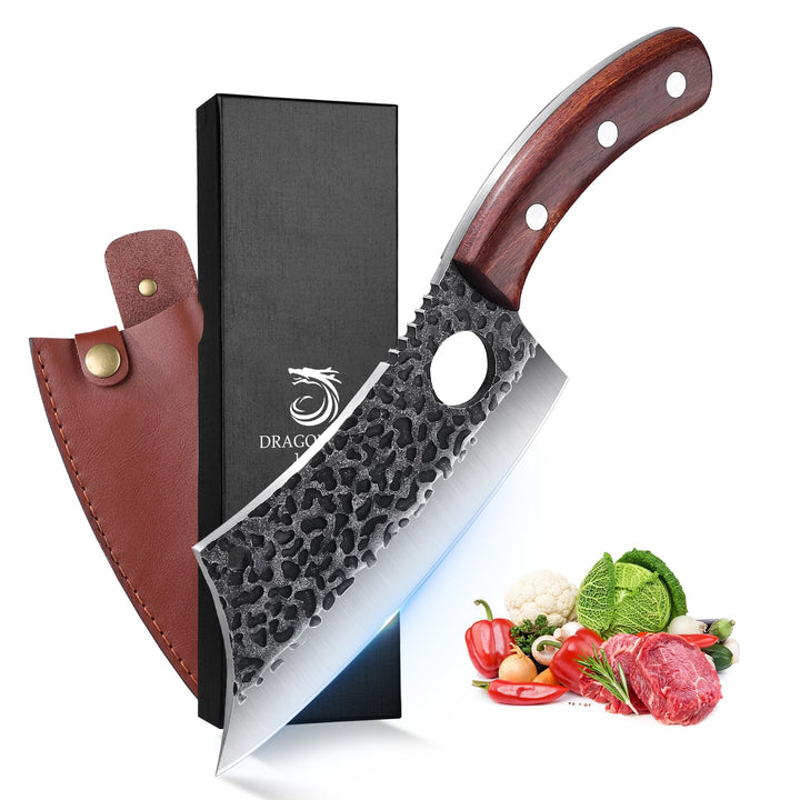 DRAGON RIOT Hackmesser Japanisch, Wikinger Messer mit Holzgriff, Fleischermesser Profi Hackbeil für