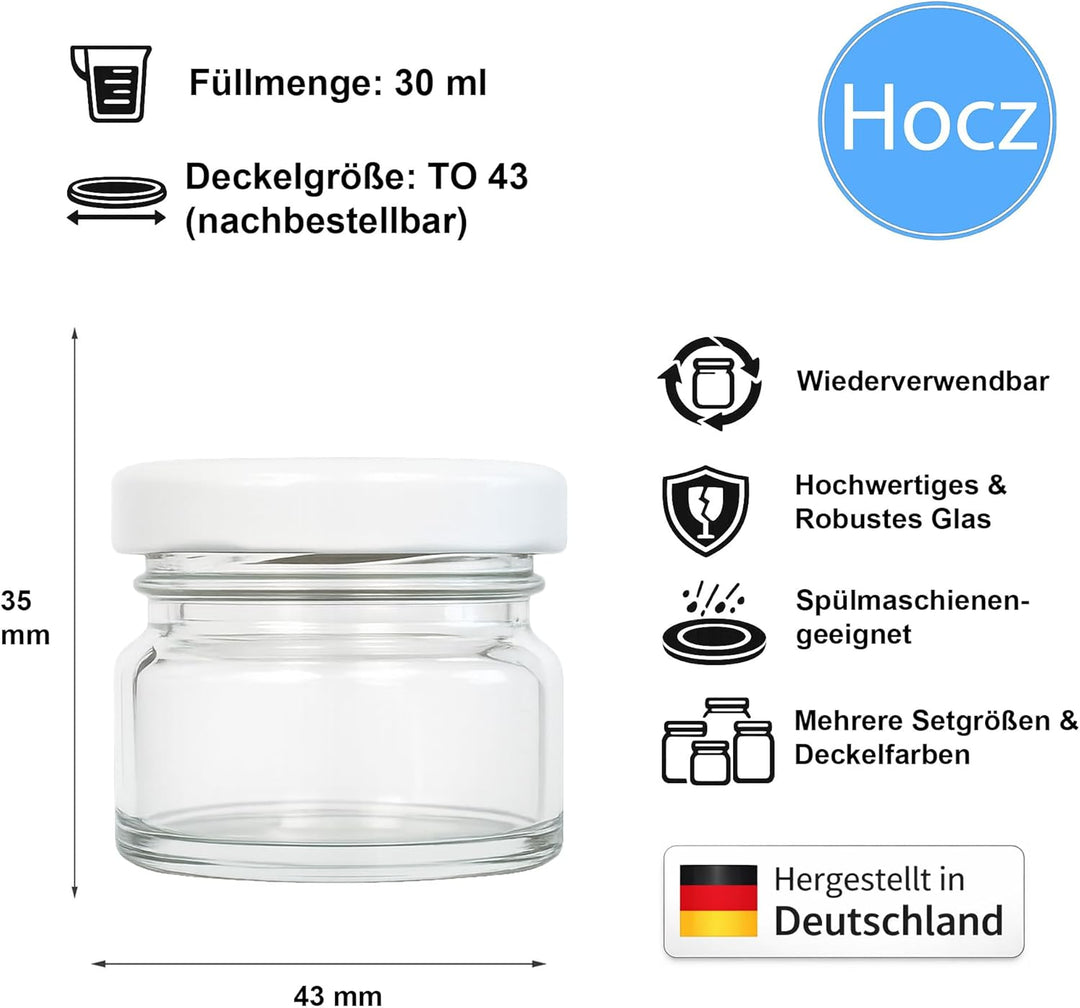 hocz 50x Mini Marmeladengläser 30 ml | mit Deckel Weiss TO 43 | kleine Einmachgläser mit Schraubdeck