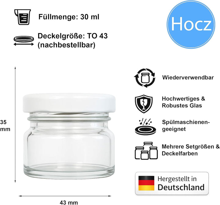 hocz 50x Mini Marmeladengläser 30 ml | mit Deckel Weiss TO 43 | kleine Einmachgläser mit Schraubdeck