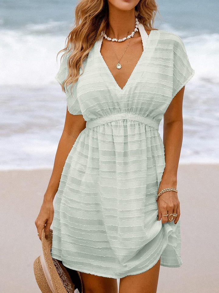 CUPSHE Damen Strandkleid Bikini Cover Up V Ausschnitt Kurzarm Seitenschlitz Streifenmuster Sommer St