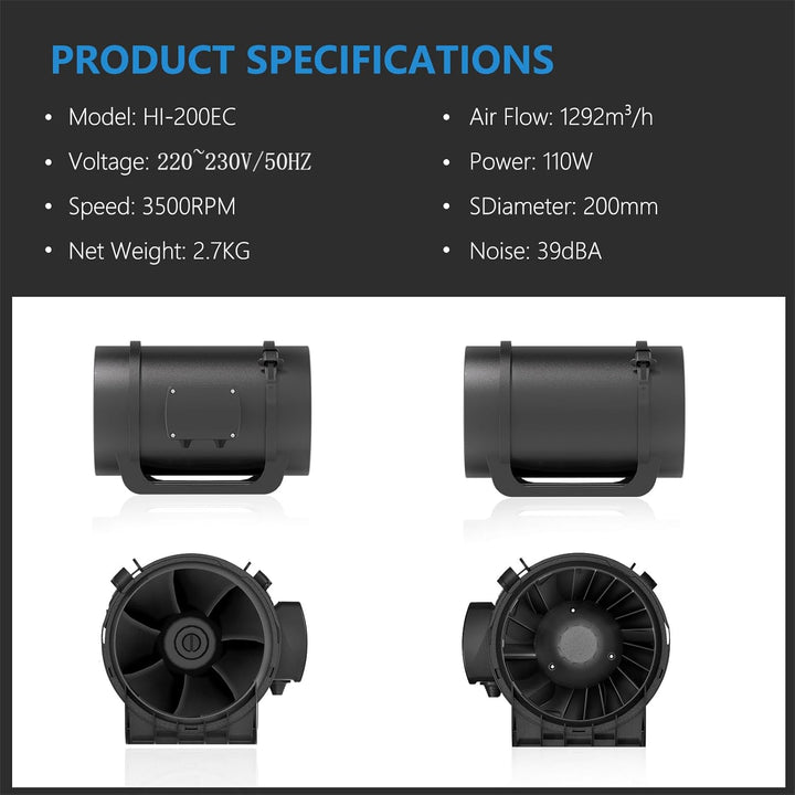 Hon&Guan Rohrventilator 200mm mit Variabler Geschwindigkeitskontrolle, Rohrlüfter mit Regler EC Moto