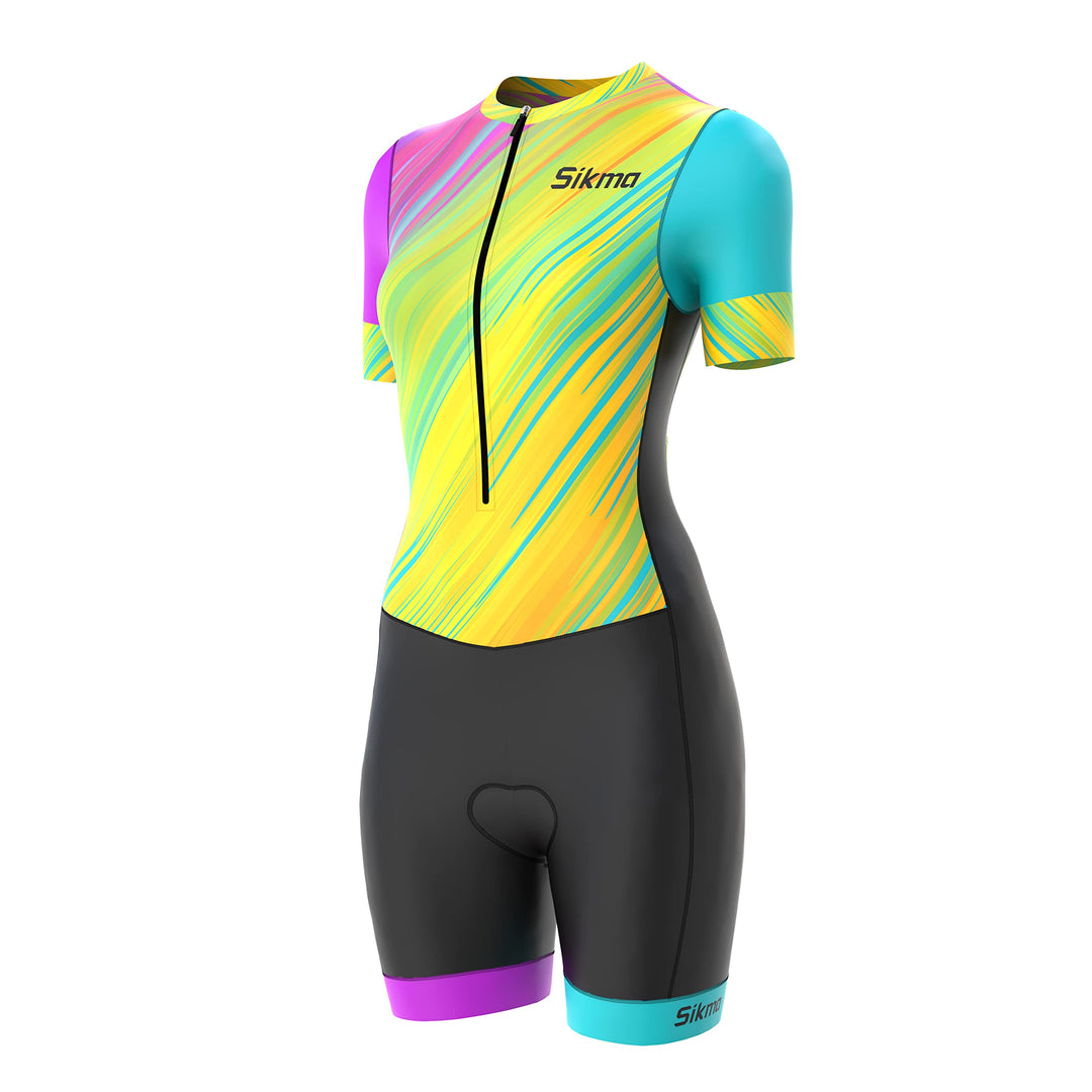 Radsport-Skinsuit für Damen, gepolstert, einteilig, Trisuit, Bike-Top, kurz, sublimiertes Design, Tr