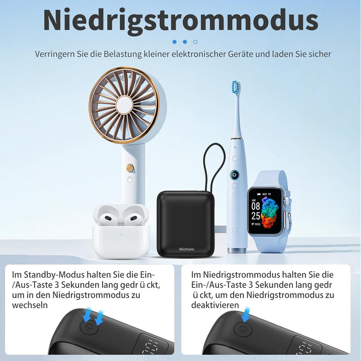 Hichain Power Bank Klein, 10000mAh 22,5W Powerbank USB C Schnellladen mit Integriertem USB-C Kabel,