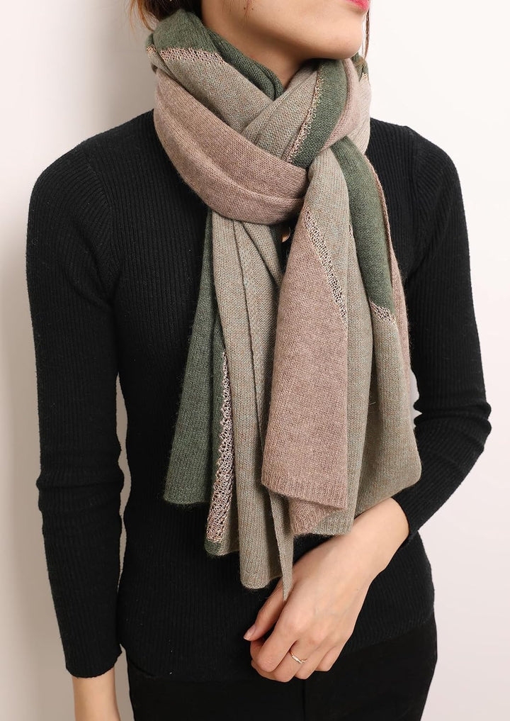 100% Kaschmir Stola Schal gestrickt mit Farbkontrast und schimmernder Fadern 185 cm X 70 cm 4 grün b