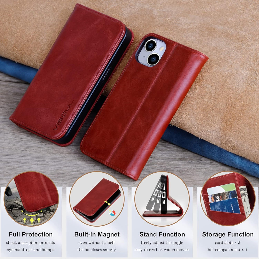 VISOUL Hülle für iPhone 14, Schutzhülle [Erstklassiges Rindsleder] [Schützt vor Stoss] [Kartenfach]