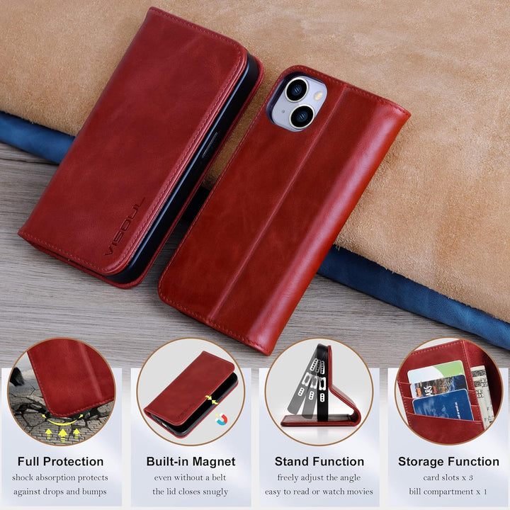 VISOUL Hülle für iPhone 14, Schutzhülle [Erstklassiges Rindsleder] [Schützt vor Stoss] [Kartenfach]