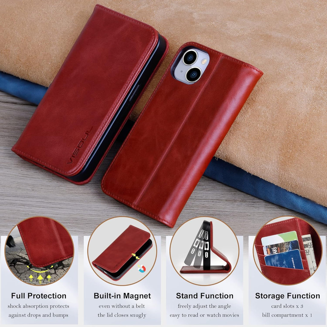 VISOUL Hülle für iPhone 15, Schutzhülle [Echt Leder] [Schützt vor Stoss] [Kartenfach] [Magnetverschl