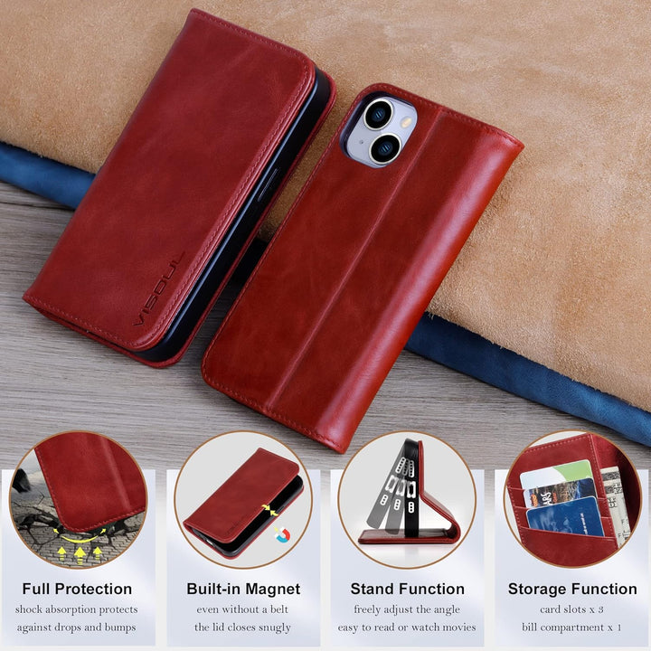VISOUL Hülle für iPhone 15, Schutzhülle [Echt Leder] [Schützt vor Stoss] [Kartenfach] [Magnetverschl