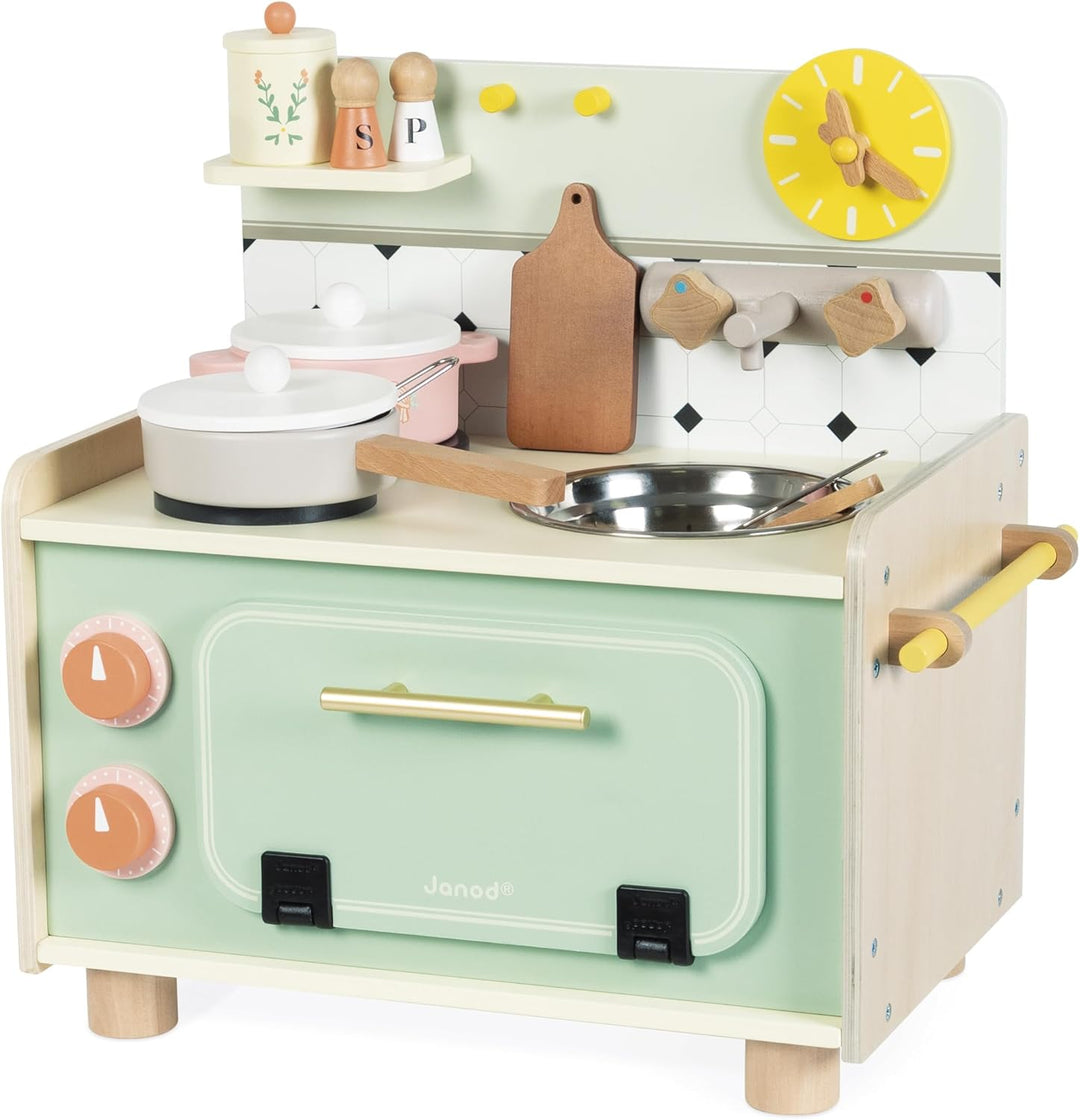 Janod - Holzküchenzeile für Kinder - Kleine Kinderküche - Ausgestattet mit Backofen, Spüle und 10 Zu