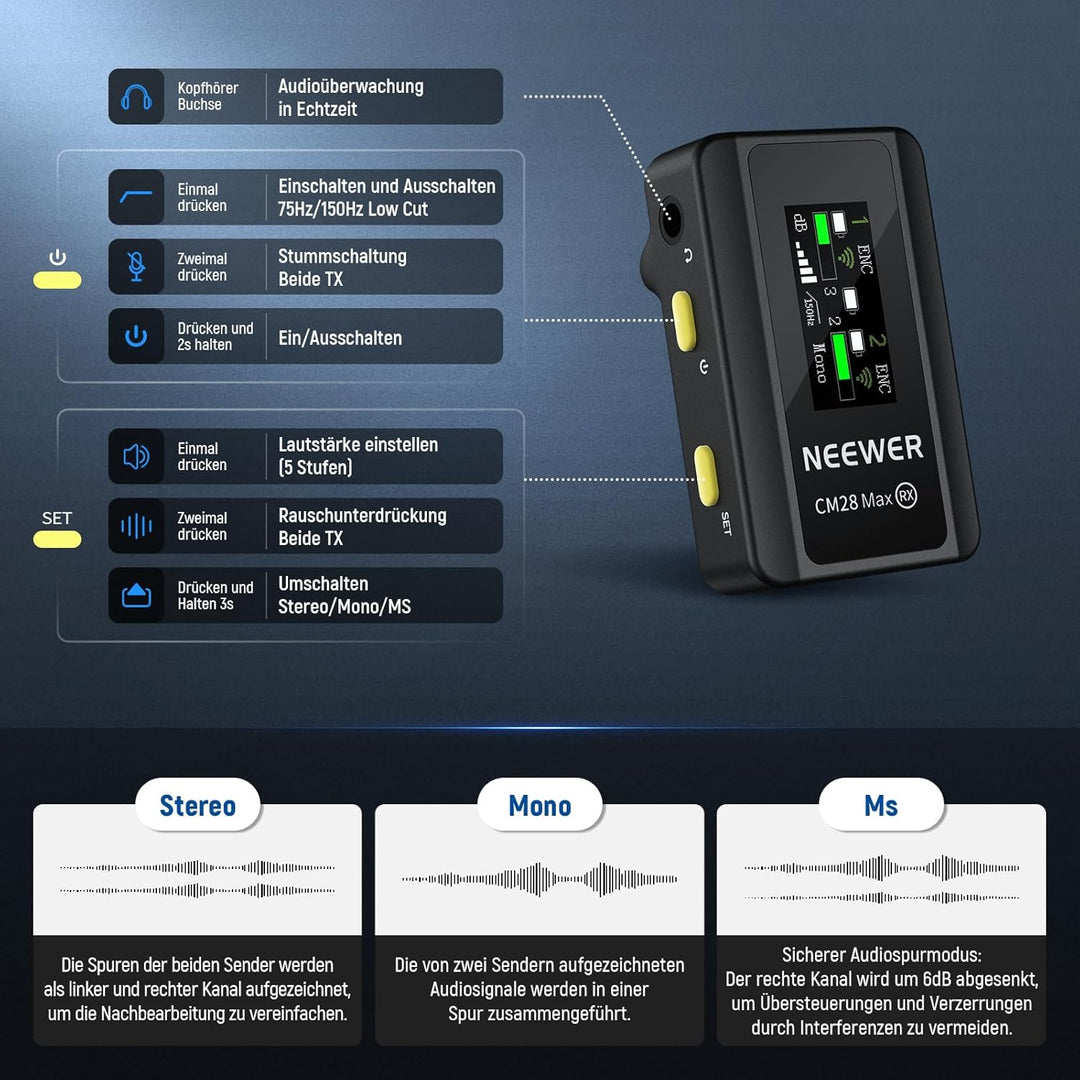 NEEWER CM28 Max Wireless Lavalier Mikrofon System mit Ladekoffer 48KHz/24Bit Lossless Float Recordin