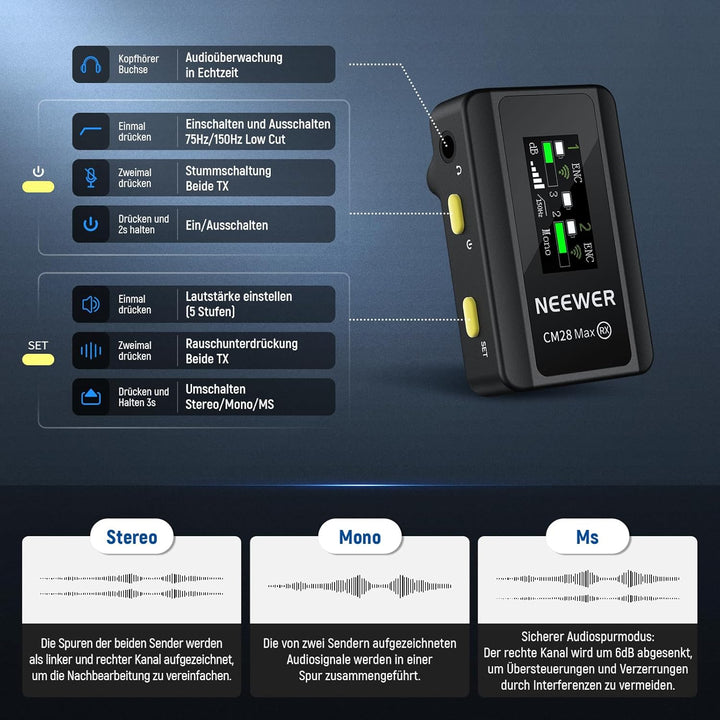 NEEWER CM28 Max Wireless Lavalier Mikrofon System mit Ladekoffer 48KHz/24Bit Lossless Float Recordin