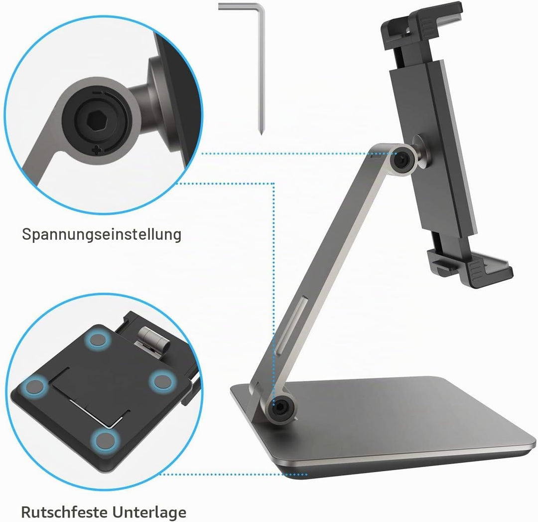 QinCoon Tablet Ständer, Verstellbar Heavy Duty Aluminium Halterung, 360° Drehen Faltbar Metall Table