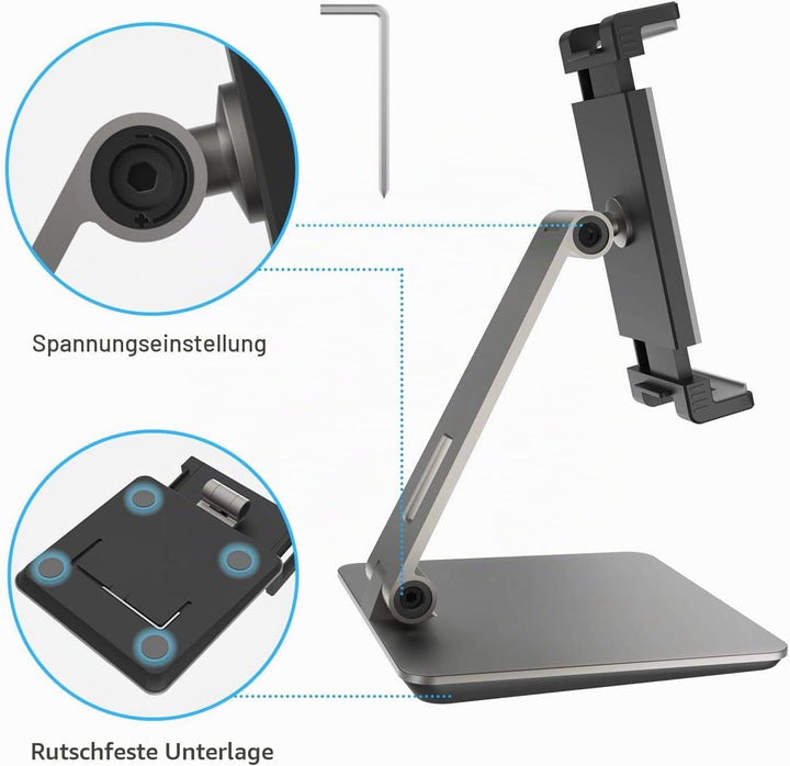 QinCoon Tablet Ständer, Verstellbar Heavy Duty Aluminium Halterung, 360° Drehen Faltbar Metall Table