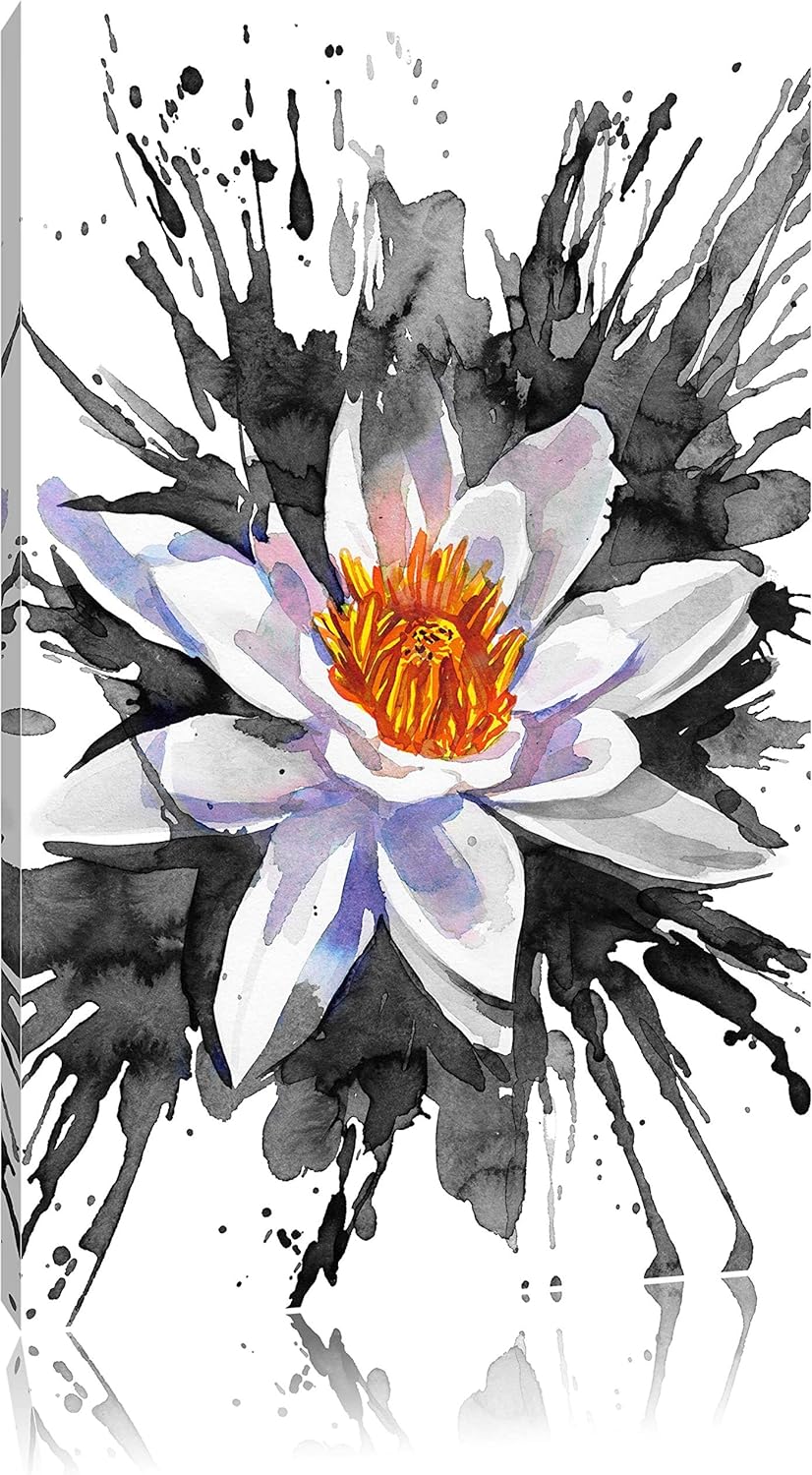 gezeichnete Seerose schwarz/weiss Format: 100x70 auf Leinwand, XXL riesige Bilder fertig gerahmt mit