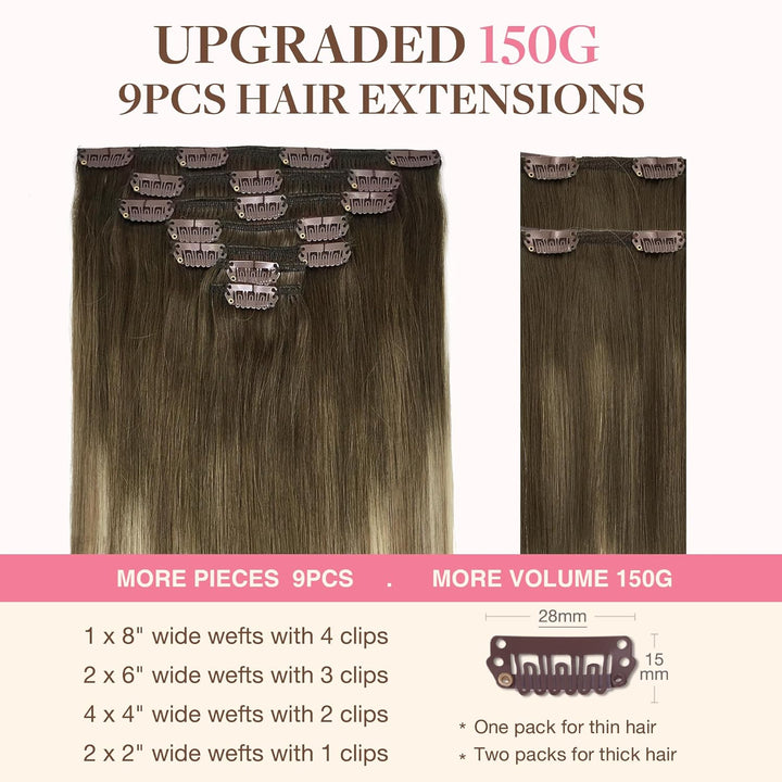 GOO GOO Clip in Extensions Echthaar, Echthaar Extensions Clip, 35cm 150g 9pcs, Extensions Echthaar,