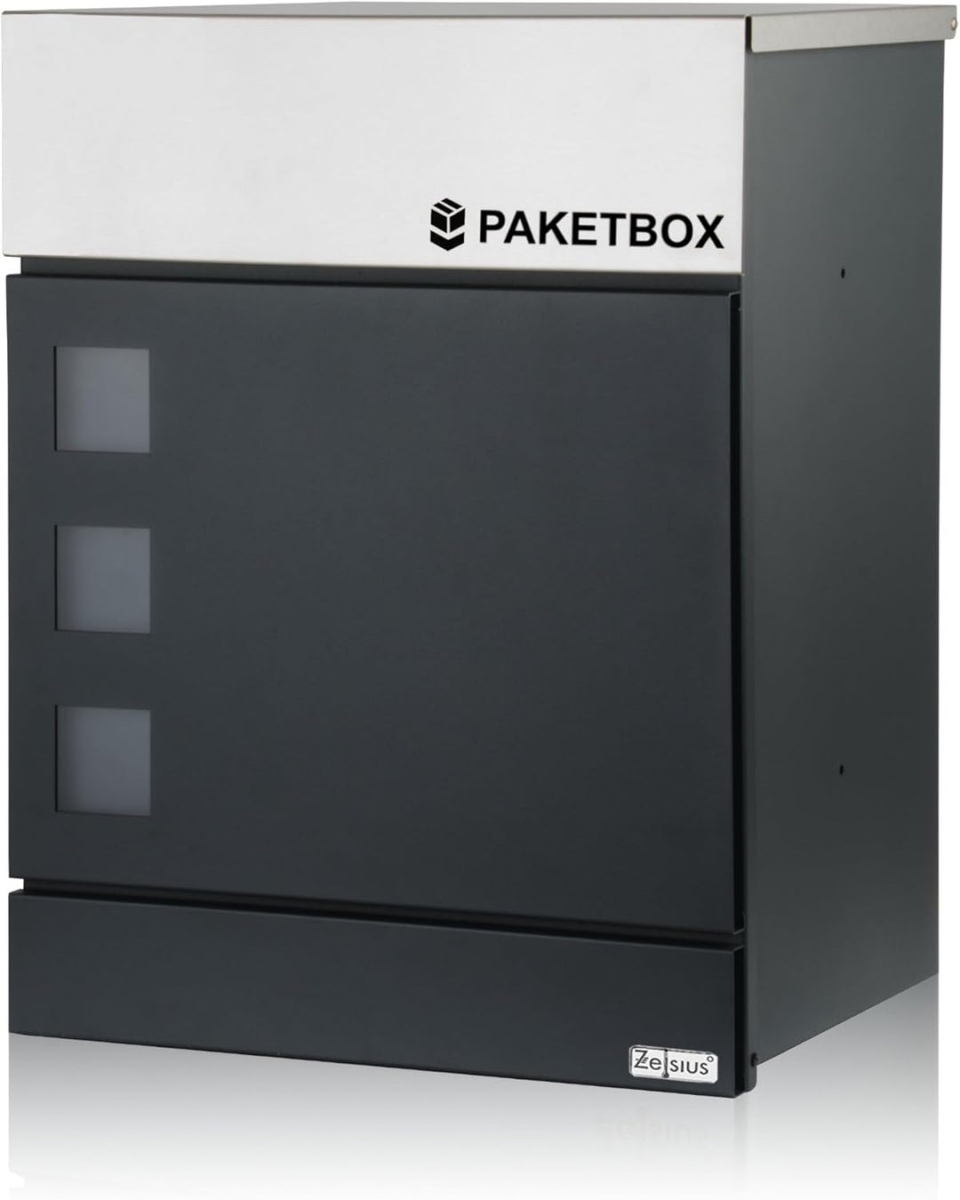 Zelsius Briefkasten Jordan mit Paketfach | pulverbeschichteter Stahl mit Edelstahl Elementen | RAL70