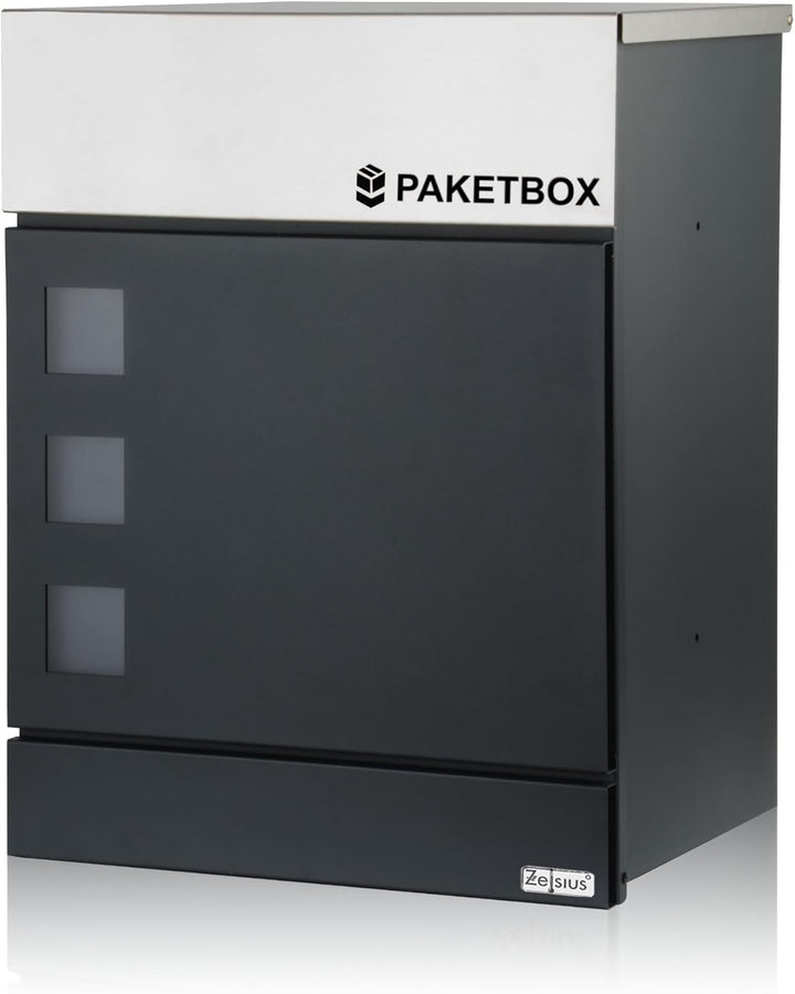Zelsius Briefkasten Jordan mit Paketfach | pulverbeschichteter Stahl mit Edelstahl Elementen | RAL70