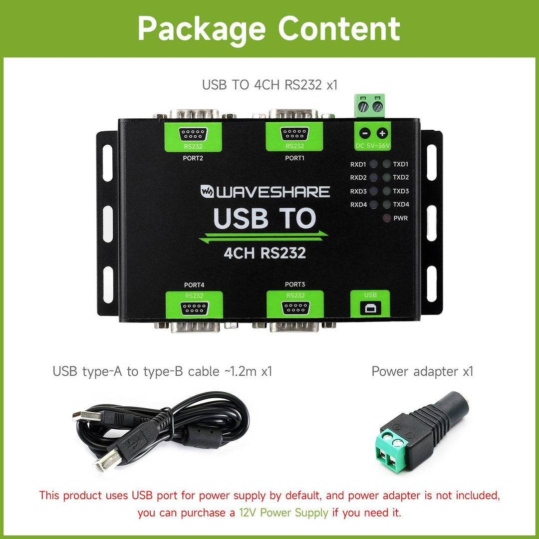 Waveshare Industrial Isolated USB to 4CH RS232 Converter (DB9 Male Interface), Adopts Original FT423