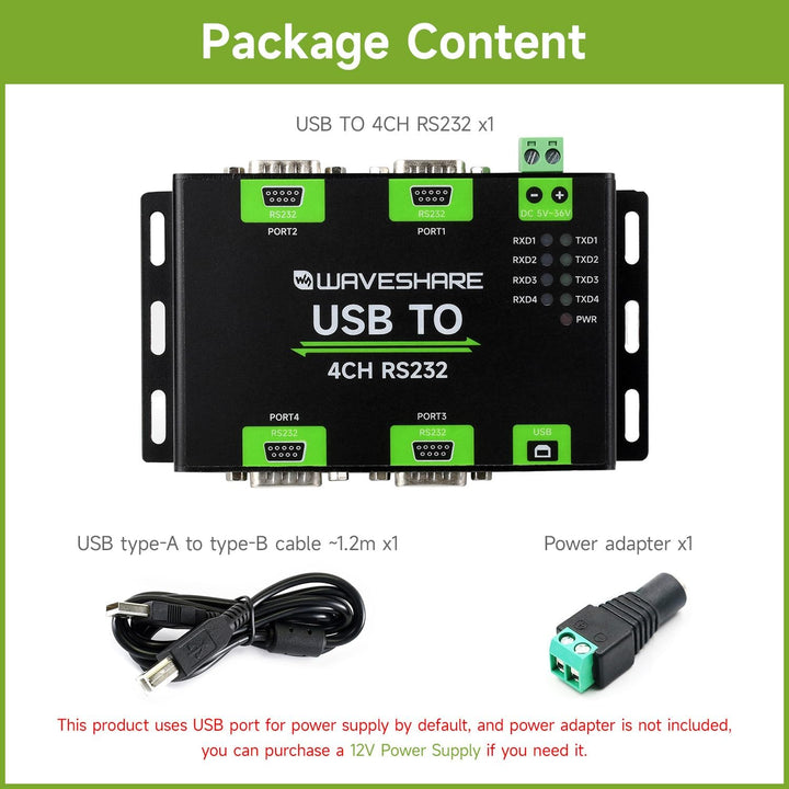 Waveshare Industrial Isolated USB to 4CH RS232 Converter (DB9 Male Interface), Adopts Original FT423
