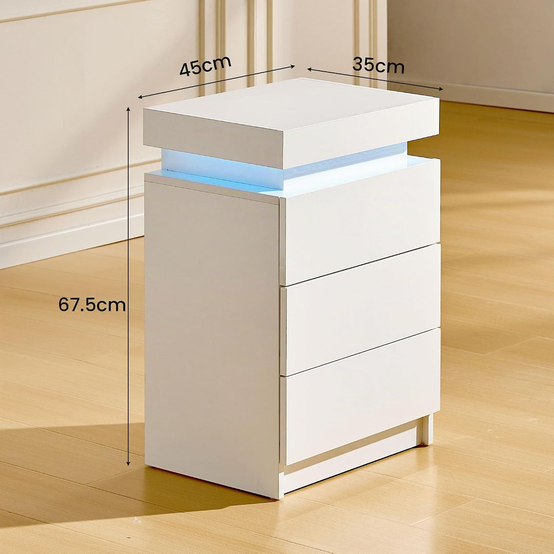 CLIPOP Nachttisch Hochglanzfront Kommode mit mit LED-Lichtern, sprachgesteuerter Lichtstreifen, 3 Sc