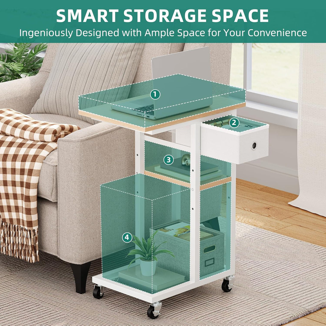YITAHOME Beistelltisch, C-Form Sofatisch mit Rollen und Schublade，Wohnzimmertisch für Kaffee und Lap