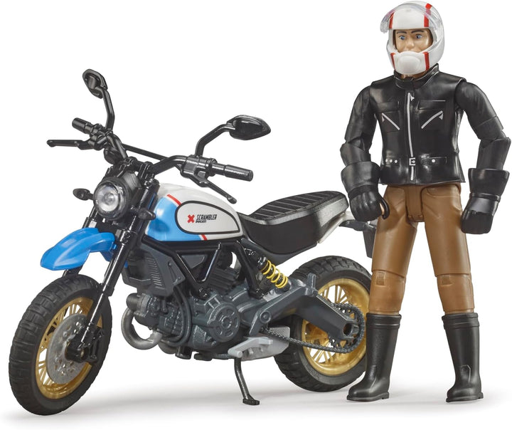 bruder 63051 - Scrambler Ducati Desert Sled mit Fahrer - 1:16 Motorrad Spielzeug-Figur Motorcross Ha