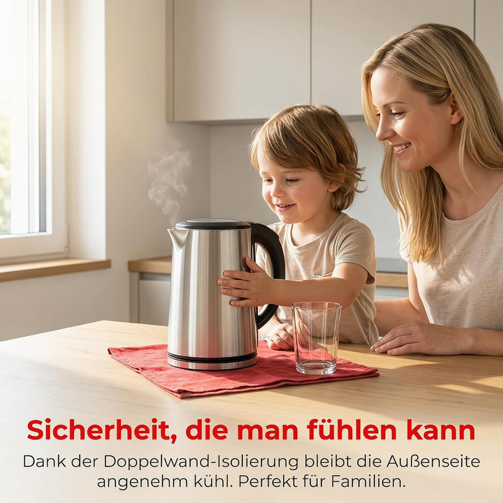 Trisa Wasserkocher Edelstahl 1,5L Silber, Doppelwandig und Cool-Touch,Strix, Silber