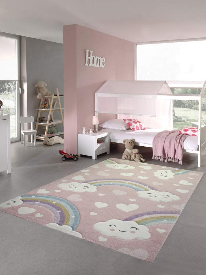 Teppich-Traum Kinderteppich Kinderzimmerteppich Regenbogen mit Wolken und Herzen in rosa Grösse 160x