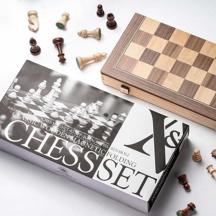 Magnetisches Schach-Set aus Holz, 38,1 cm, klappbares Brett, 7,6 cm, Königshöhe Deutscher Ritter Sta