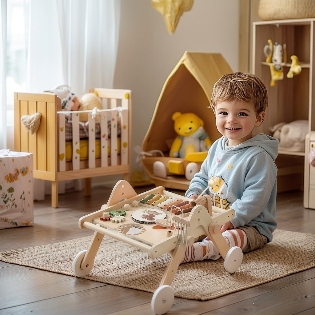 Lauflernwagen Holz Montessori Holzspielzeug Musikinstrumente für Kinder,Lauflernhilfe mit Musik und