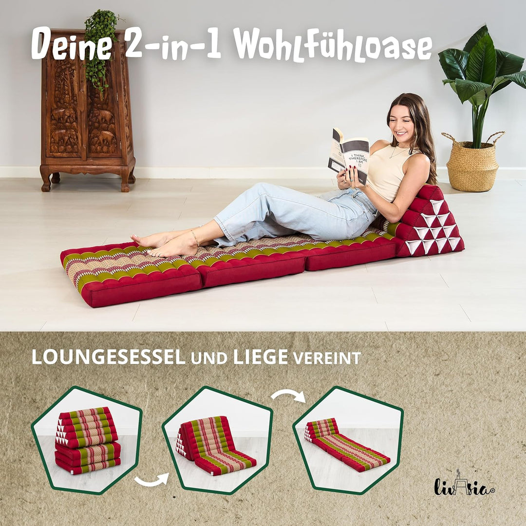 livasia Thaikissen 3 Auflagen extrahoch - 185x55x8cm - Dreieckskissen mit Klappmatratze, Kapok, Jumb