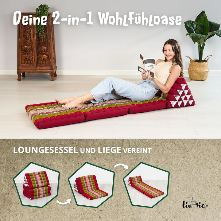 livasia Thaikissen 3 Auflagen extrahoch - 185x55x8cm - Dreieckskissen mit Klappmatratze, Kapok, Jumb
