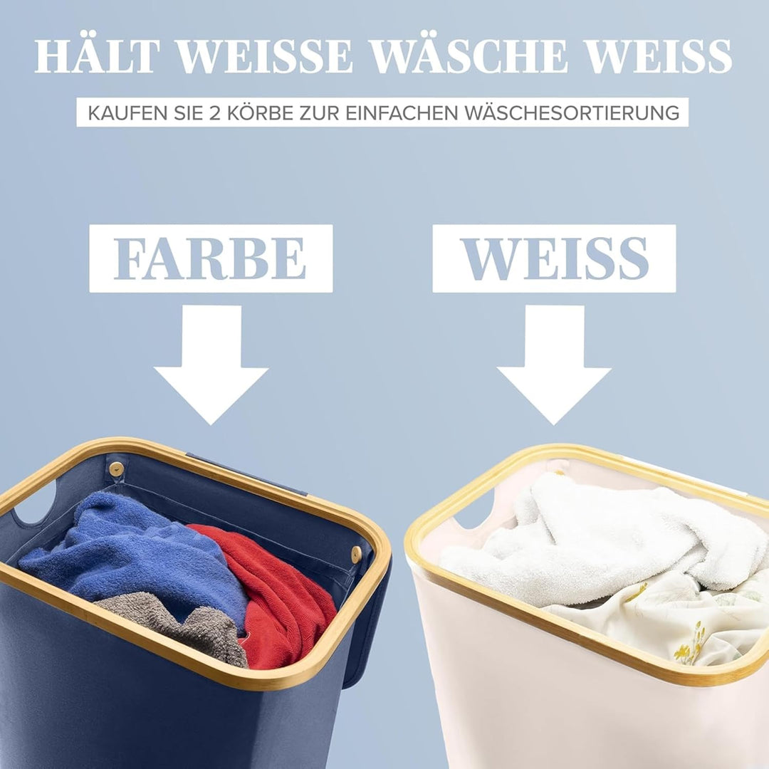 Lonbet - Wäschekorb mit Deckel Gross - XL 100 Liter - Wäschekorb Holz Bambus - Wäschesammler Blau mi