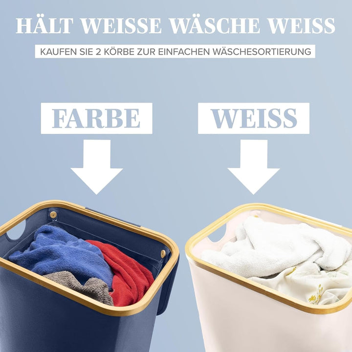 Lonbet - Wäschekorb mit Deckel Gross - XL 100 Liter - Wäschekorb Holz Bambus - Wäschesammler Blau mi