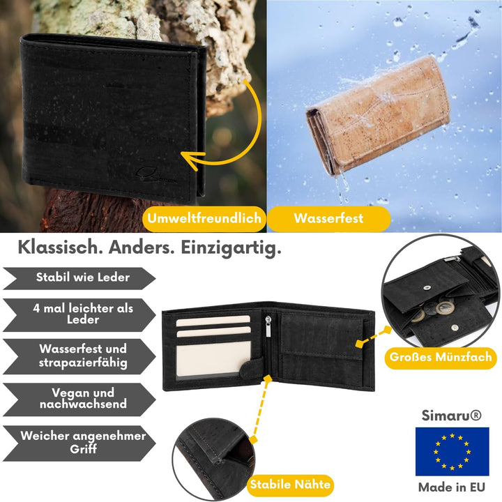 Simaru Kork Geldbörse mit RFID-Schutz, Unisex Geldbeutel für 11+Karten, Scheine & Münzen, Mini Walle