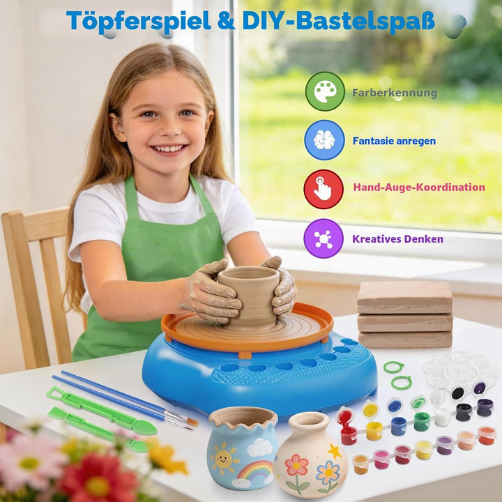 Bastelset Mädchen Jungen 6 7 8 9 10 11 12 Jahre - Töpferscheibe Kinder mit Ton & Farben, Kreativ Set