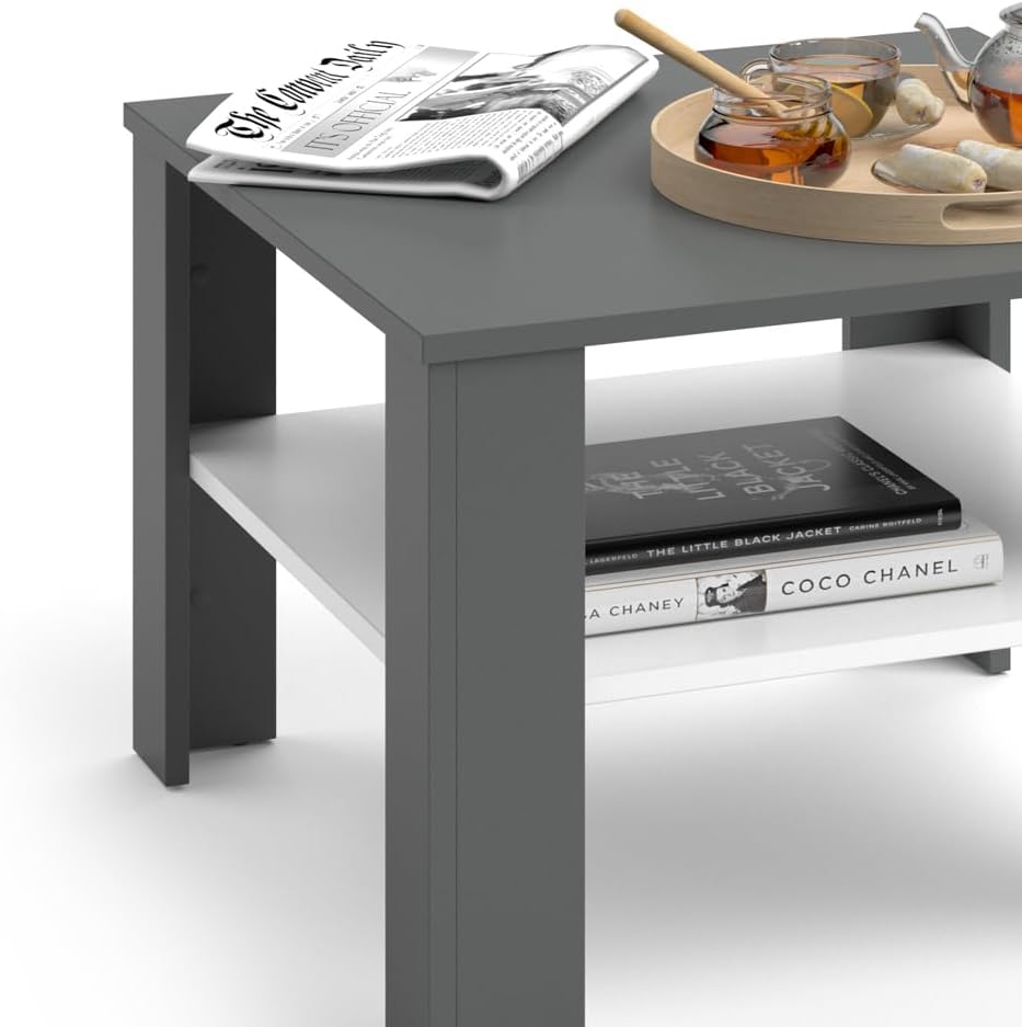 Vicco Couchtisch Homer, Weiss/Anthrazit, 60 x 60 cm | zur Aufbewahrung von Zeitschriften und Fernbed