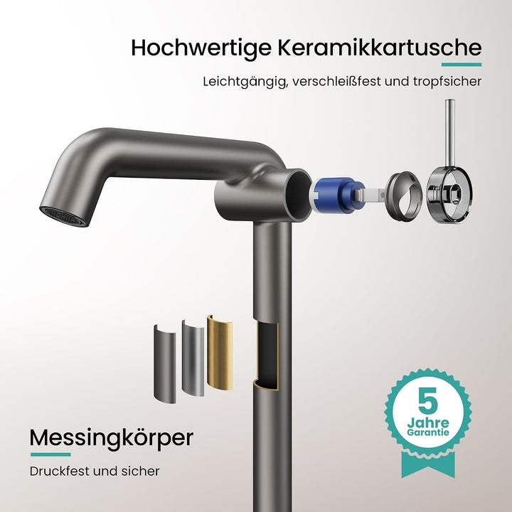 EMKE Wasserhahn Bad Anthrazit Matt, 332 x 220 x 76 mm, Messing, Keramikkartusche, Badarmatur, Wasser