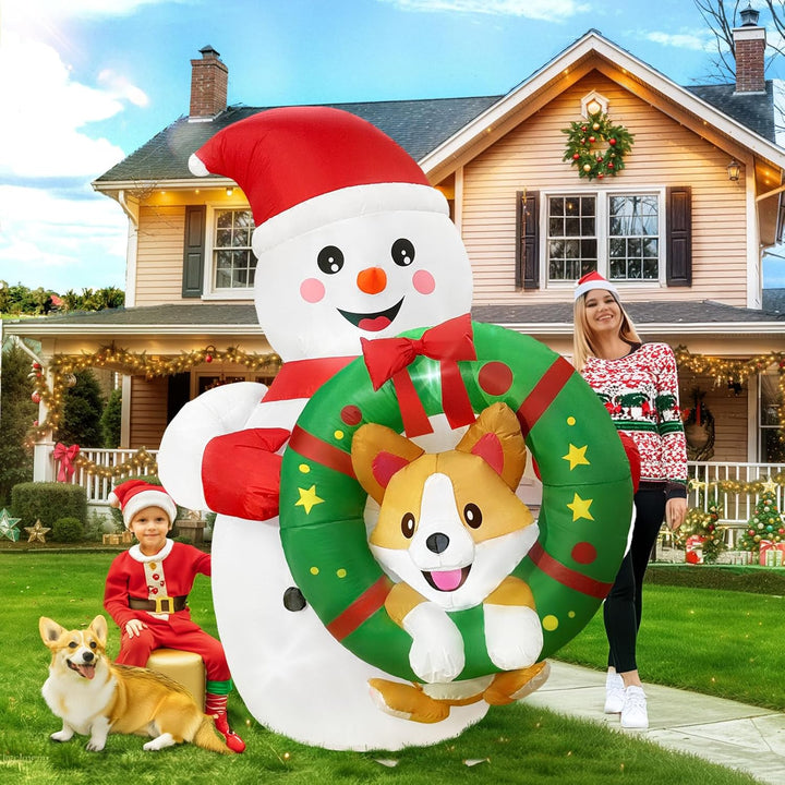 1.8 M Aufblasbare Weihnachtsdeko Aussen, Lustiger Schneemann Aufblasbar mit Corgi im Kranz, Outdoor