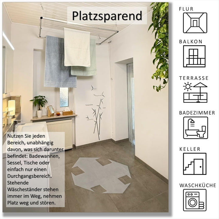 Flex UP Deckenwäscheständer - Deckentrockner ausziehbar - Wäscheständer für die Decke – für Badewann
